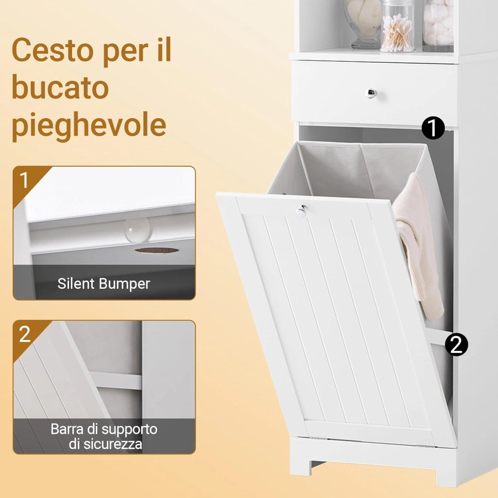 Mobile Bagno Salvaspazio Alto con Cesto Portabiancheria 45L – Colonna Bagno Stretto 40x38x180cm con Cassetto in MDF, Ripiano Aperto e Anta Mobiletto per Lavanderia o WC BZR216-W