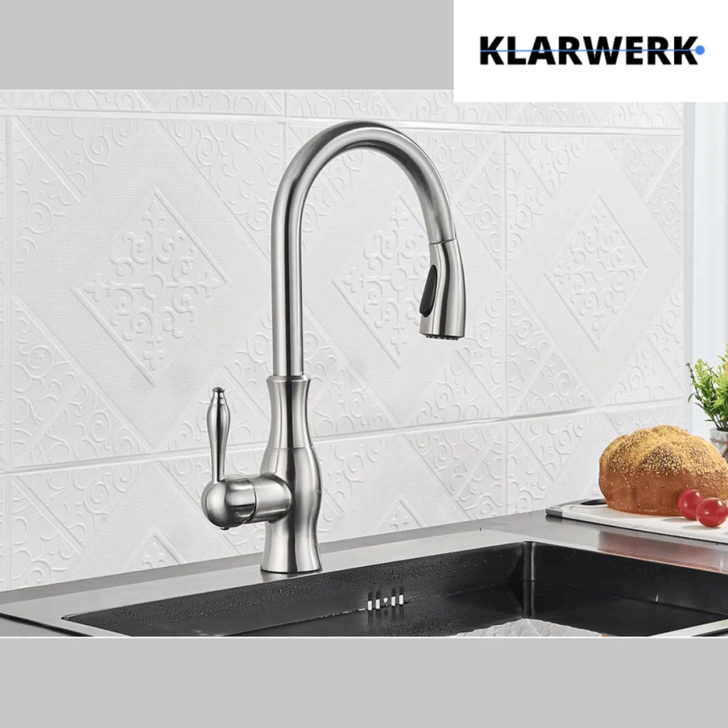 NAVIS | Elegante rubinetto cucina estraibile in acciaio inox argento, arco alto, miscelatore di lusso, alta pressione, 360°, 2 attacchi