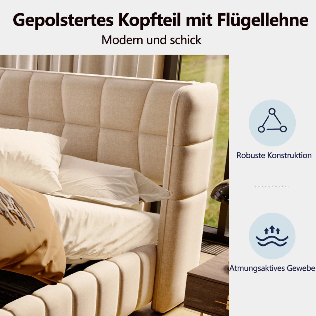 Letto contenitore 180 × 200 cm con sollevamento a gas, senza materasso, in tessuto effetto lino beige