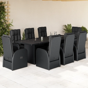 Set da Pranzo da Giardino 9 pz con Cuscini Nero in Polyrattan