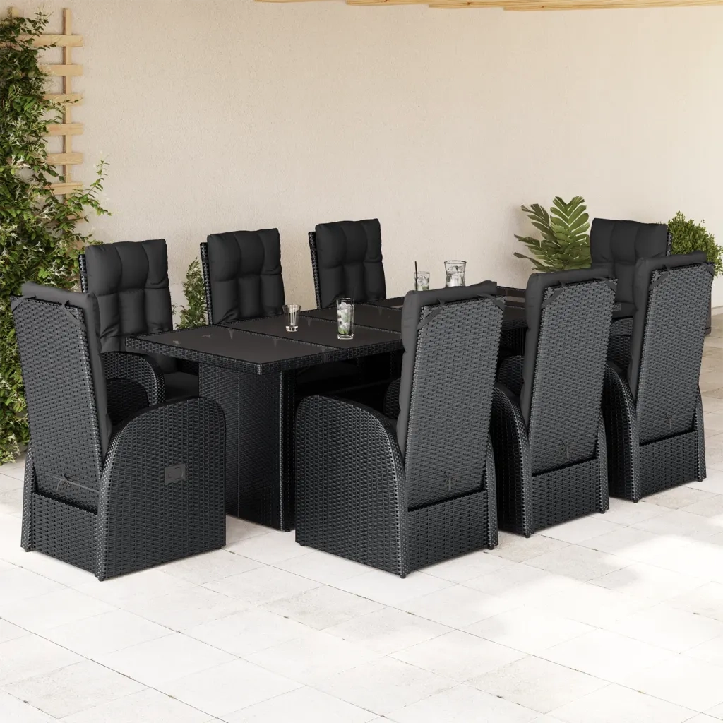 Set da Pranzo da Giardino 9 pz con Cuscini Nero in Polyrattan