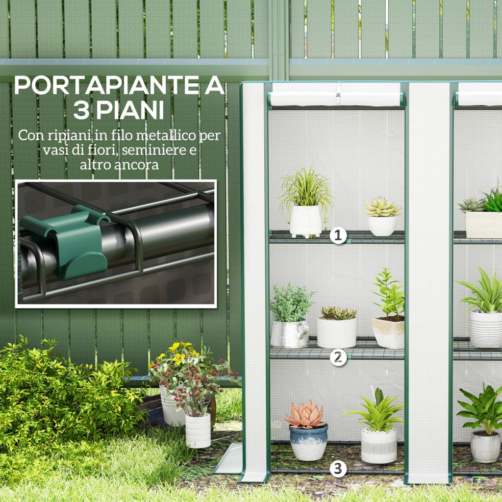 Serra da Giardino con 2 Porte Avvolgibili, Scaffale a 3 Ripiani e Tasche Laterali, Bianco e Verde