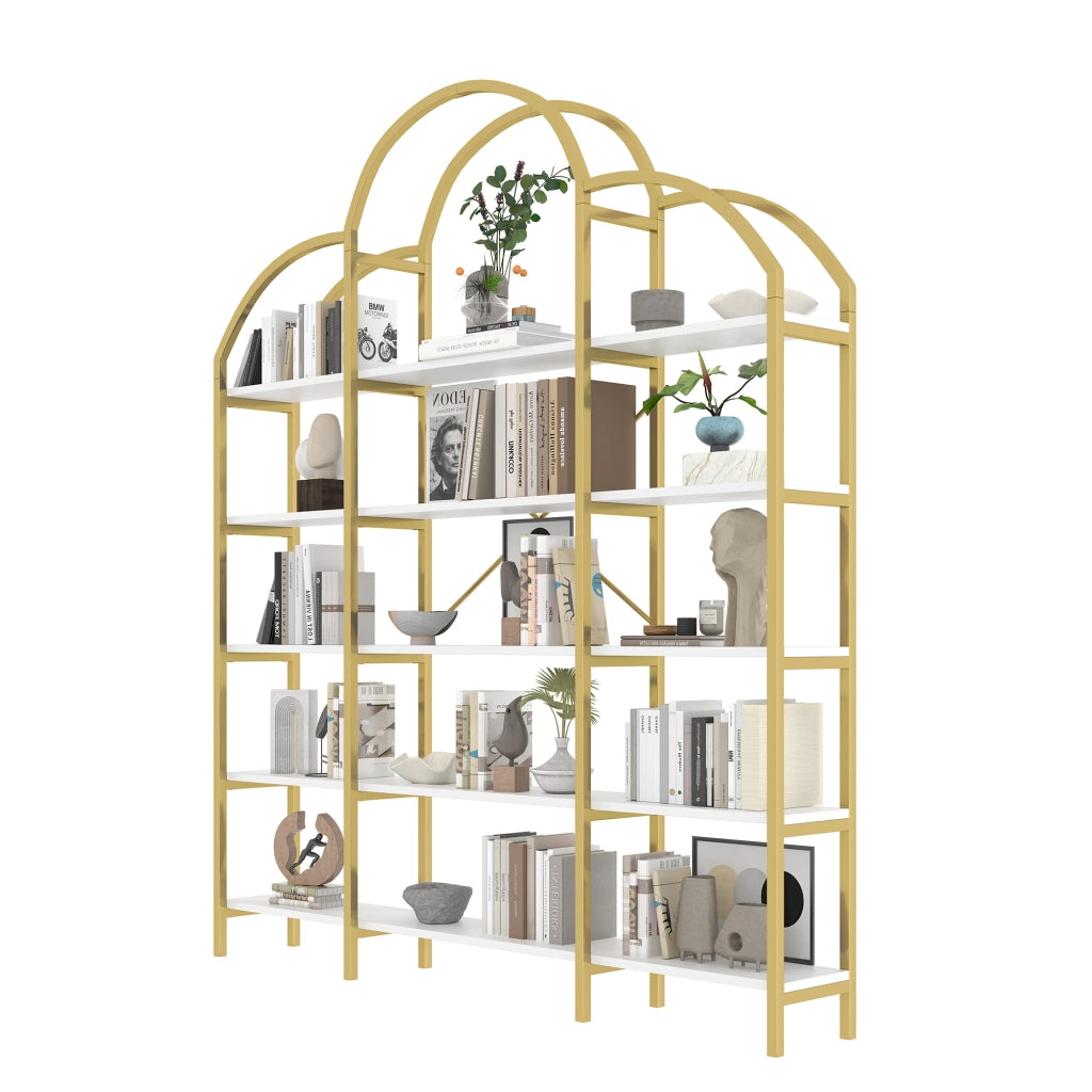 Scaffale a 5 Ripiani con Decorazione a Nuvola; in MDF e Metallo; Bianco e Oro; 170 × 26 × 190 cm