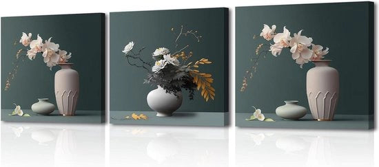 Set di foto a tela moderno di fiori - 3 pezzi per decorazione di cucina, camera da letto, bagno - 30 x 30 cm con cornice integrata