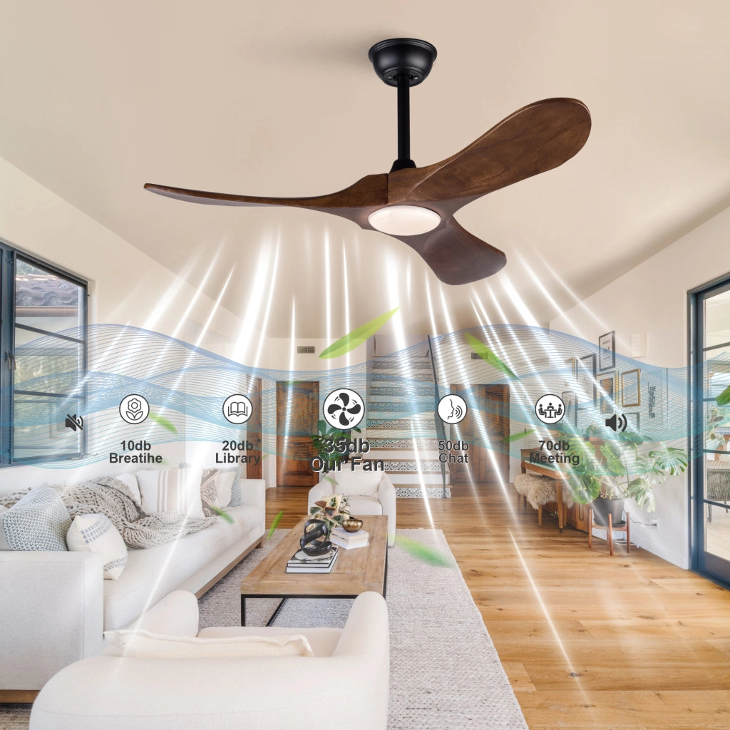 Ventilatore da soffitto 42 pollici con illuminazione e telecomando, 3 pale legno massello, motore DC silenzioso reversibile, 3CCT dimmerabile
