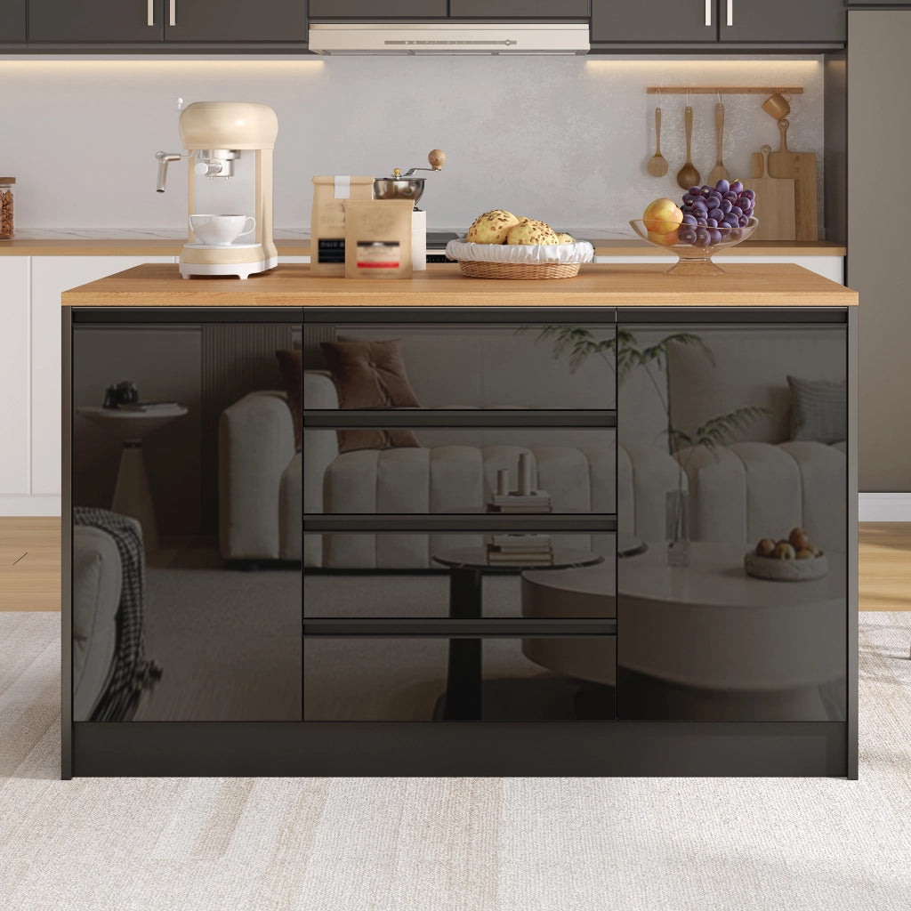 Isola Cucina con Piano Allungabile ¨C MINIMAL ¨C 4 Cassetti, 2 Ante, Nero, Effetto Legno, 140 cm