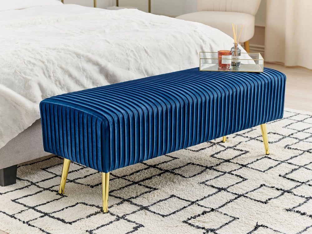 Panca Velluto Blu Imbottito Gambe In Metallo dorato 118 cm Glamour Soggiorno Camera Da Letto Corridoio