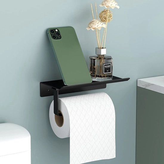 Sostegno per carta igienica, supporto per rotoli di carta igienica con piattaforma ampia, supporto per carta igienica per bagno e cucina (nero)