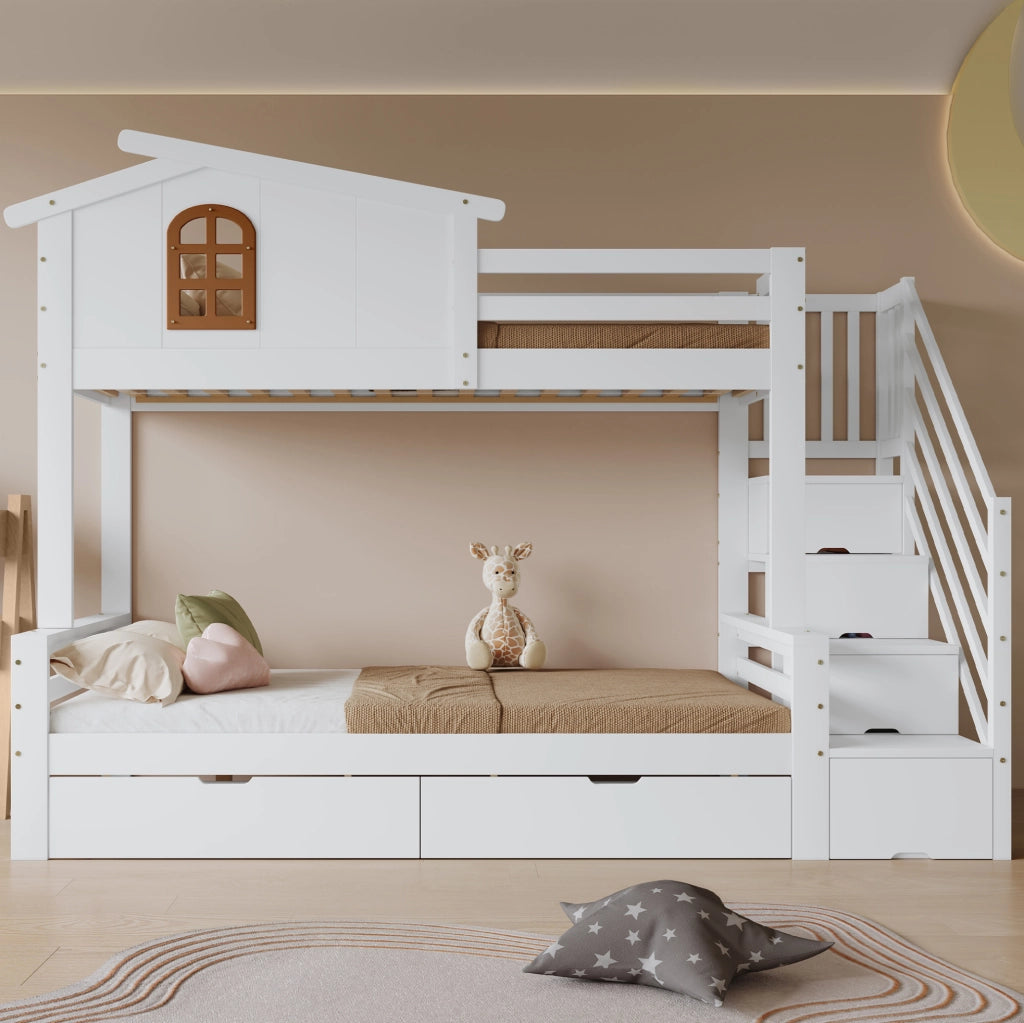 Letto a castello per bambini bianco e naturale con cassetti e scala ad angolo