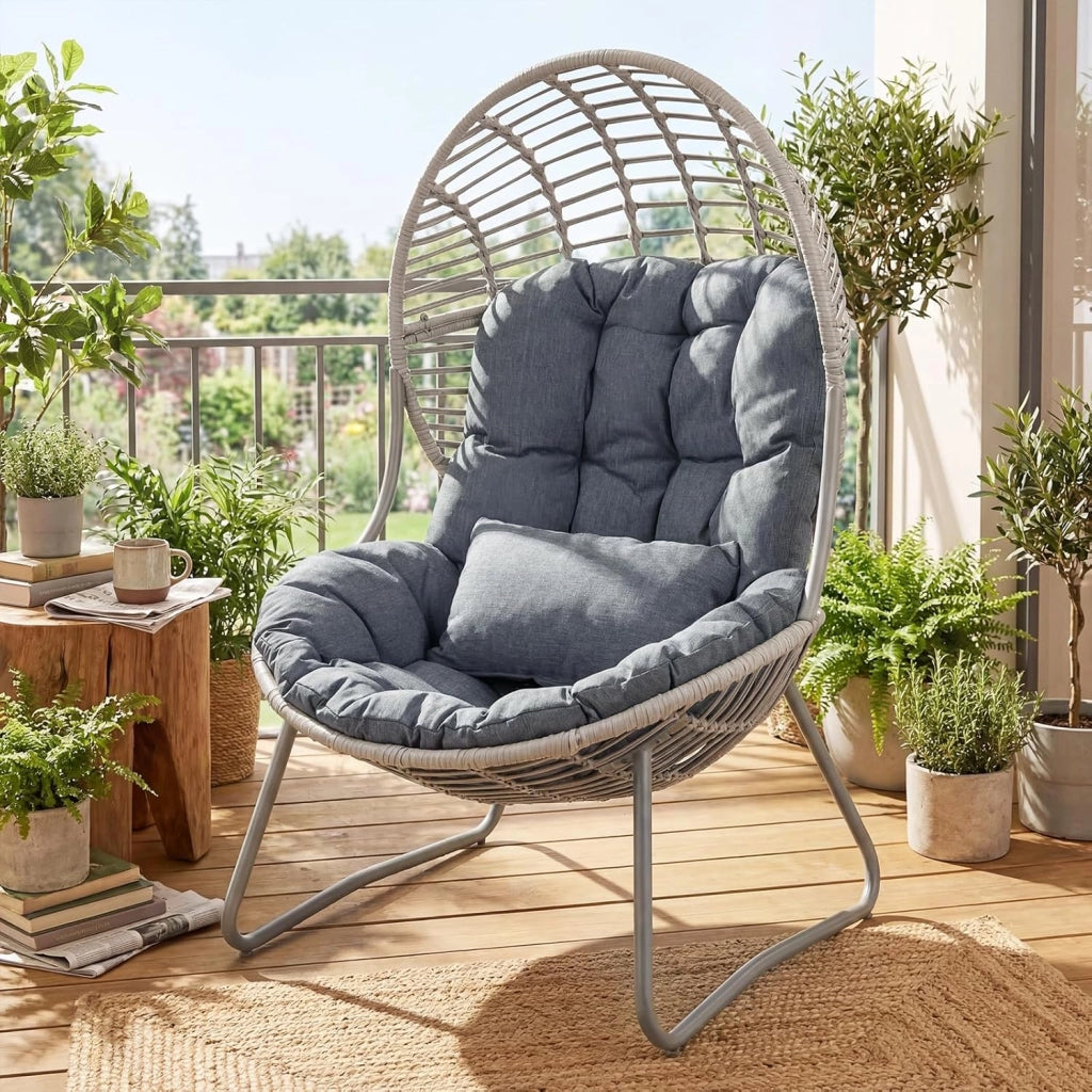 Poltrona da Giardino in PE Rattan, Sedia Relax a Nido con Cuscino Imbottito, Sedile Ampio e Telaio in Metallo, Poltrona per Lettura, Lounge e Riposo, per Esterno e Interno, Max 150 kg, Grigio