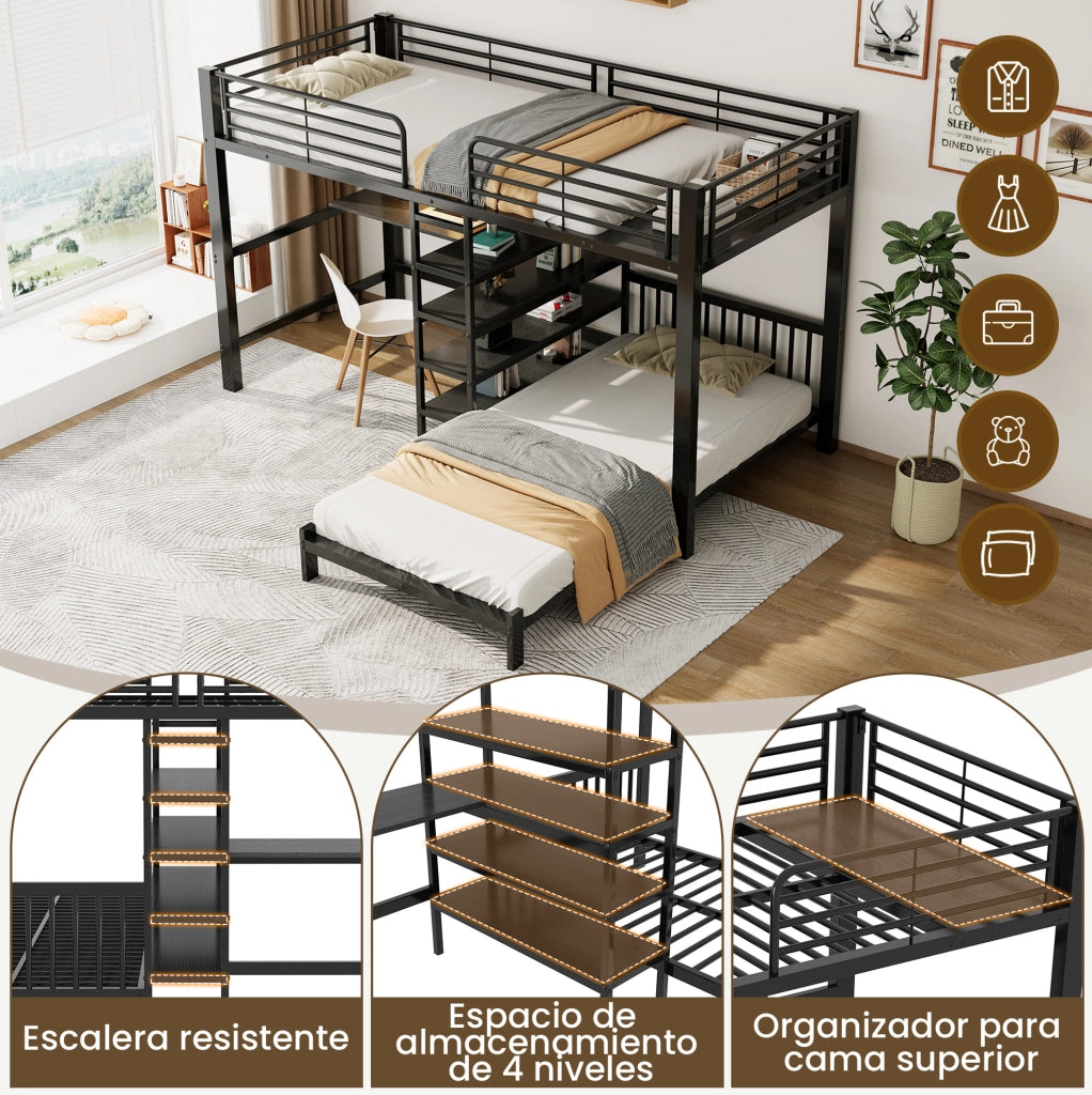Letto a soppalco con scrivania 90x200 cm; struttura in metallo e MDF; nero