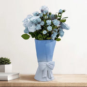 Vaso ceramico con strisce, 24,5 cm, stile moderno boho, vaso decorativo estetico per fiori freschi, pampas, per la camera, soggiorno, decorazione da tavola, arredamento interno, blu e bianco.