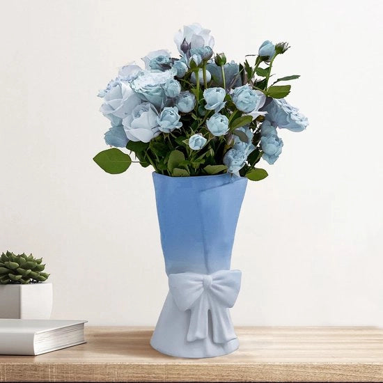 Vaso ceramico con strisce, 24,5 cm, stile moderno boho, vaso decorativo estetico per fiori freschi, pampas, per la camera, soggiorno, decorazione da tavola, arredamento interno, blu e bianco.