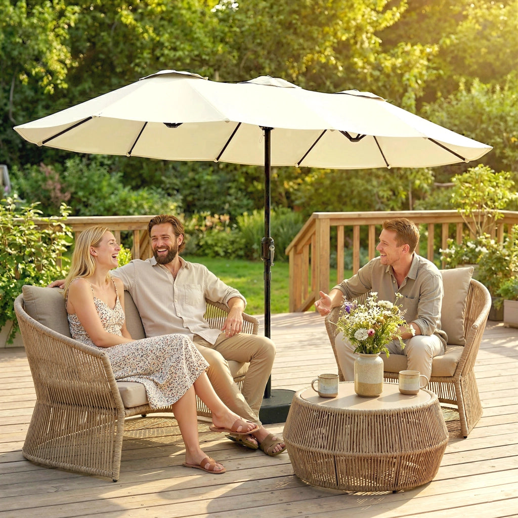 Ombrellone Doppio a 12 Stecche con Manovella e Base a Croce ¨C zephmum ¨C 3x1.5 m Beige Poliestere