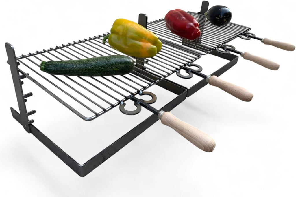 Griglia in ferro regolabile su più altezze, bistecchiera con manici in legno, per barbecue e camino per carne pesce verdure 90x36cm
