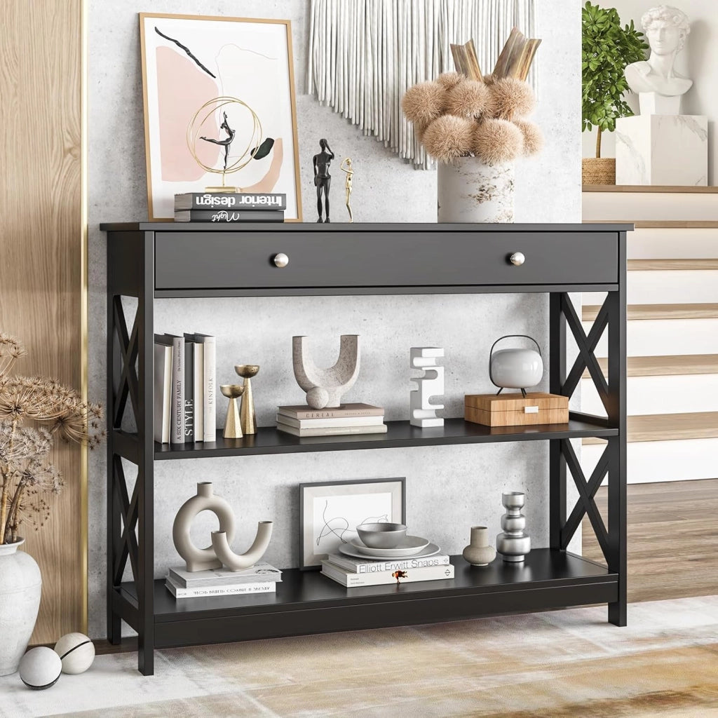 Consolle sottile, tavolino da corridoio con cassetto e 2 ripiani, tavolino d'ingresso, tavolo da ingresso, tavolo sottile, moderno tavolo decorativo con protezione antiribaltamento, 100 x 30 x