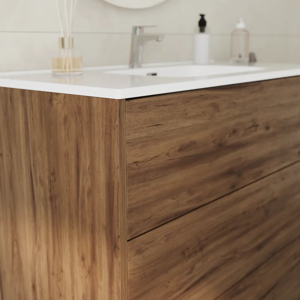 Mobile bagno a terra 100cm  tre cassetti push&pull rovere barok con lavabo bianco lucido | Yaku