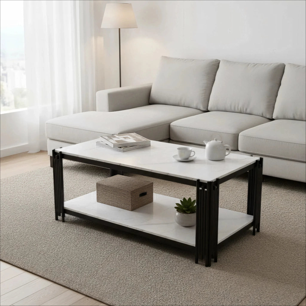 TAVOLO DA CAFFÈ rettangolare 114x64x46 cm MDF effetto marmo bianco nero