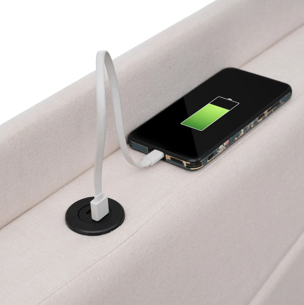Letto singolo con contenitore e ricarica USB Tipo C 90x200 cm in cotone e lino beige