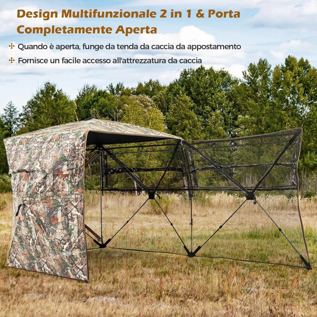 Tenda da Caccia per 2-3 Persone, Tenda Mimetica a Visione a 360° per Caccia, Tenda Pop-Up Camouflage con Borsa da Trasporto, Apribile Completamente da 1 Lato, 148 x 148 x 170 cm