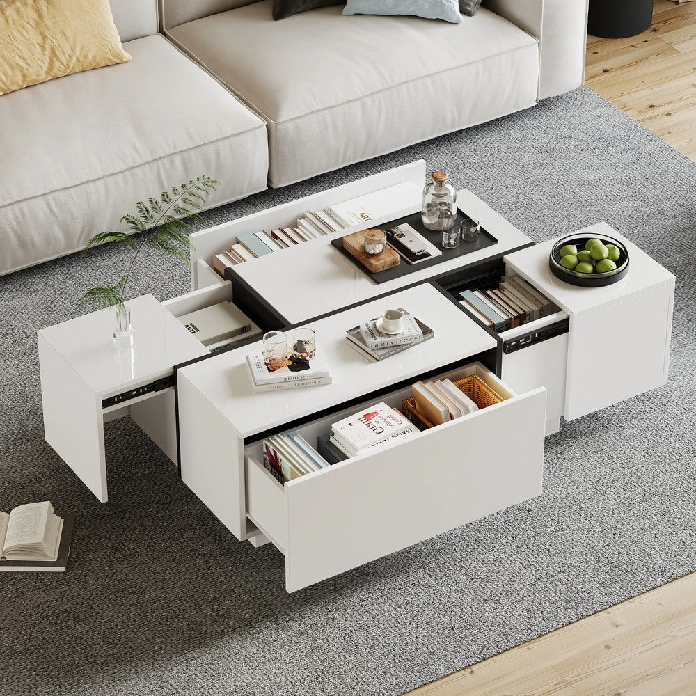 Tavolino da Caff¨¨ Quadrato con 4 Cassetti e Piano Scorrevole ¨C MINIMAL ¨C Bianco Lucido 100x60x40