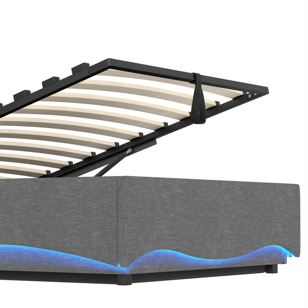 DESMIU Lit 90 × 200 cm con LED, USB, Type-C, vano idraulico, senza materasso, in lino, grigio