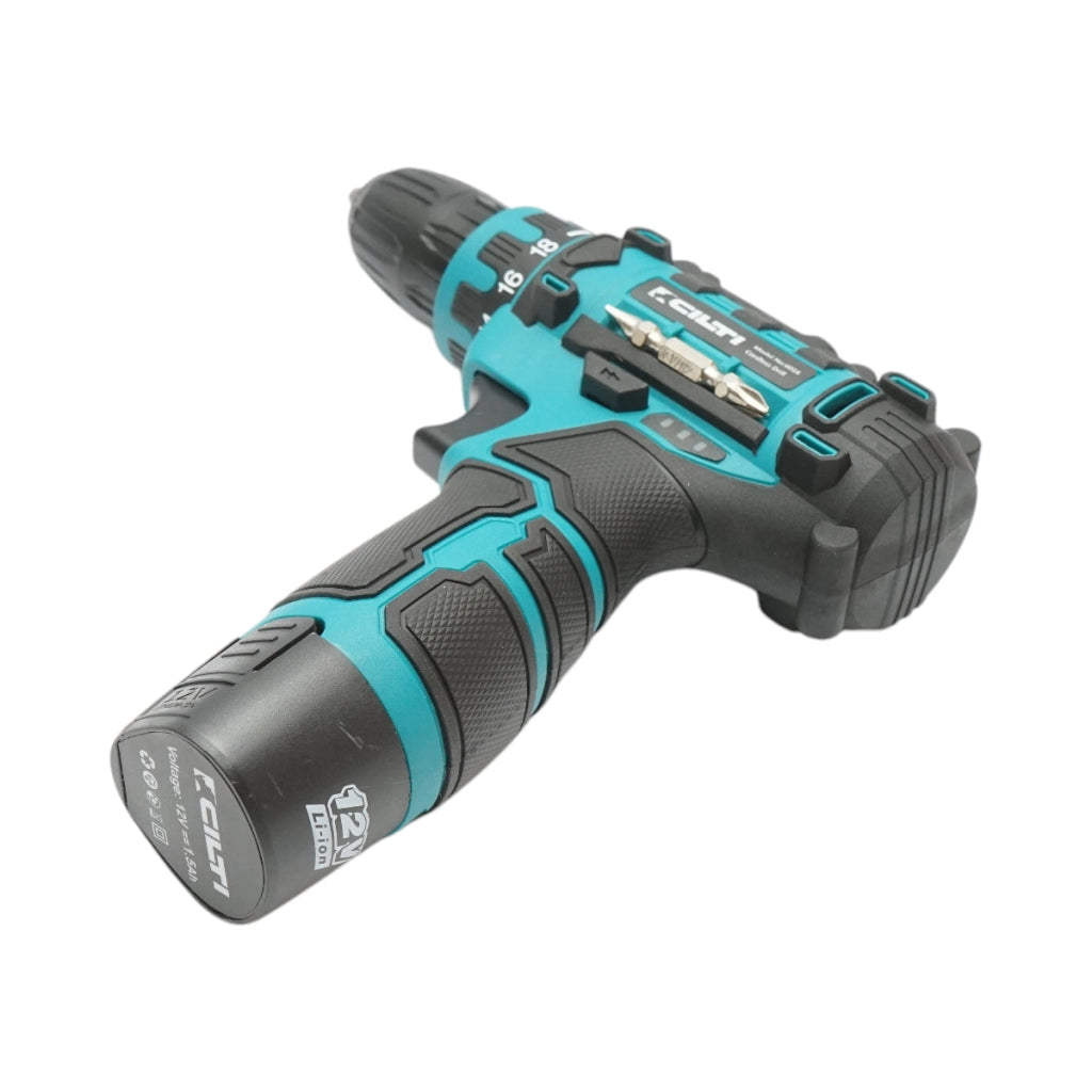 Trapano e avvitatore con 2 batterie al litio 12V/1,5Ah, coppia 17-19Nm