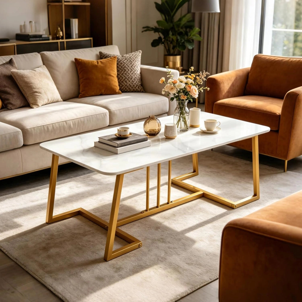 Tavolino Salotto Basso con Ampio Piano in Finto Marmo, Tavolino da Caffè Rettangolare, Struttura in Metallo, Design Moderno per Soggiorno, Camera da Letto e Ufficio, 90 X 50 X 41,5 CM