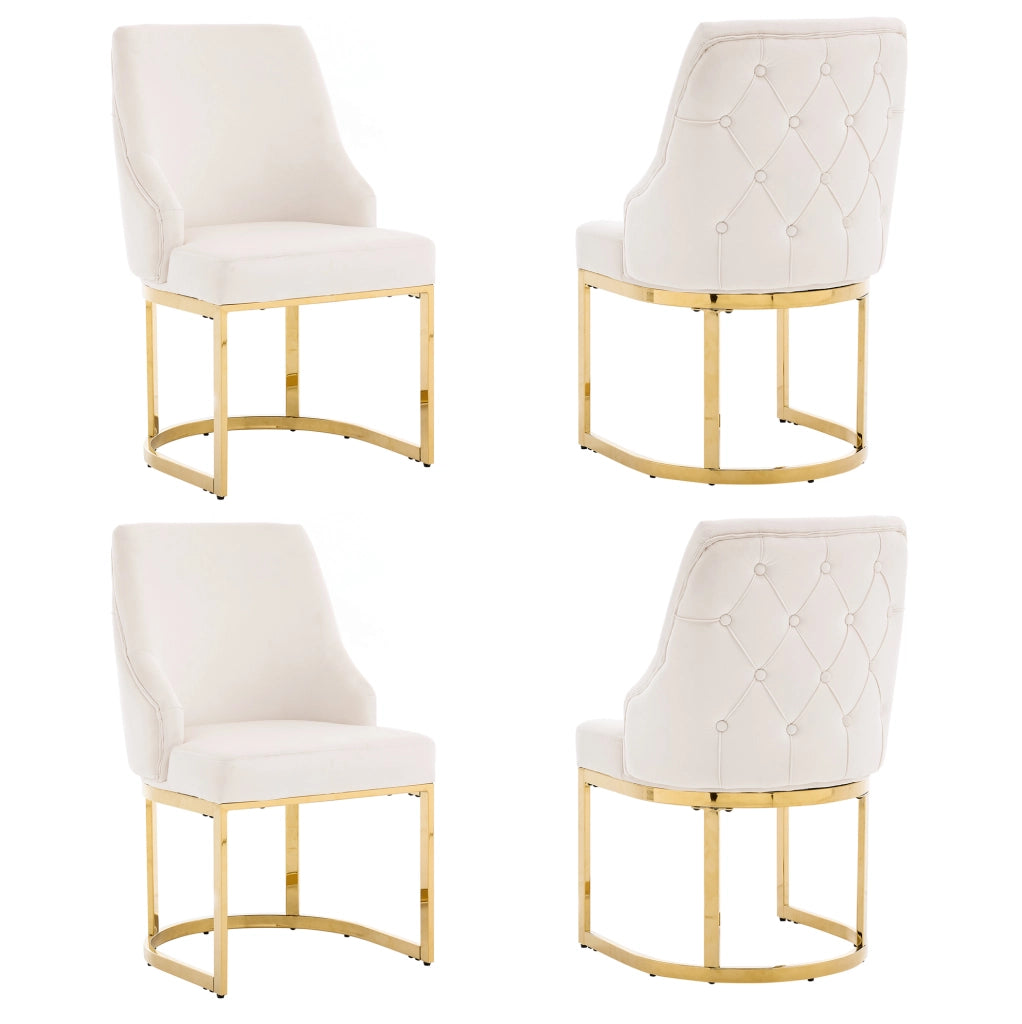 Set di 4 sedie da pranzo in velluto con schienale trapuntato e gambe in metallo beige e oro