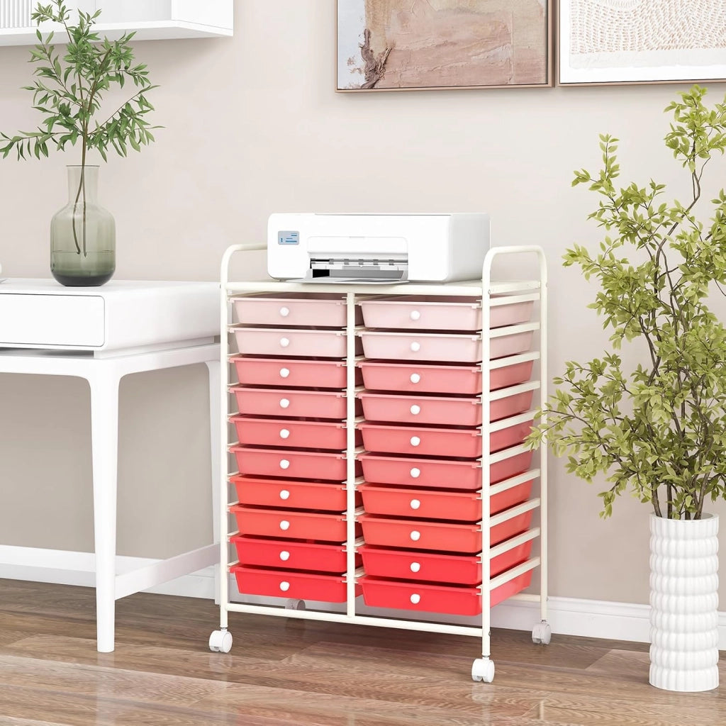 Carrello di Stoccaggio con 20 Cassetti, Carrello portaoggetti con 4 Ruote, Carrello Multiuso per Scuola Ufficio Cucina, 64 x 39 x 88 cm (Rosa)