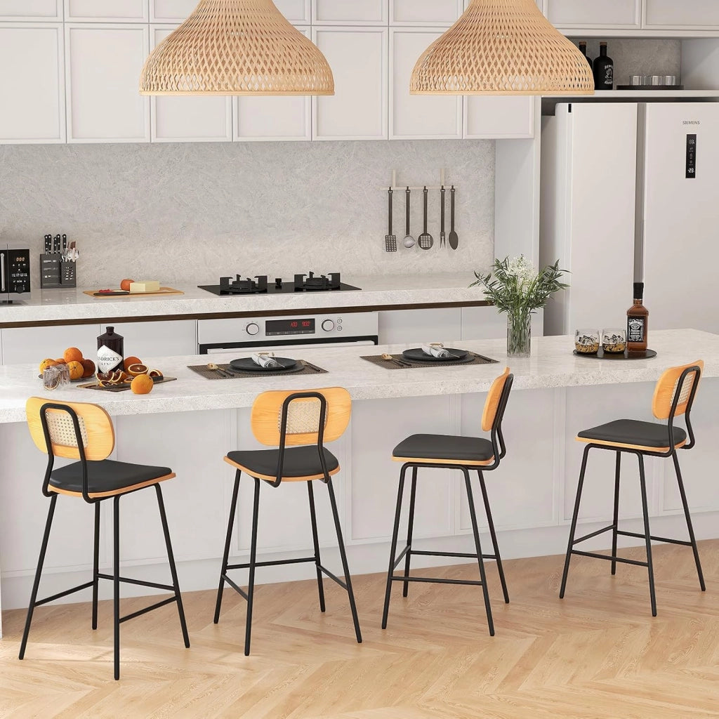 Set di 2 sgabelli da bar, sedia da bar con schienale in rattan, gambe in metallo, sedie da pranzo con seduta curva imbottita e poggiapiedi a 3 lati, per cucina, soggiorno
