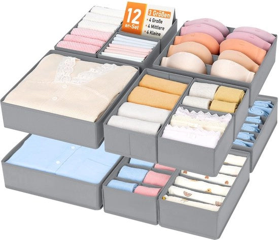 Set di organizzatori di carica a 12 pezzi, organizzatore di biancheria da letto pieghevole, sistema di cassetti per la vestiareria, scatola di stoccaggio per tessuti per calze, reggiseni, asciugamani, abiti per bambini (grigio)