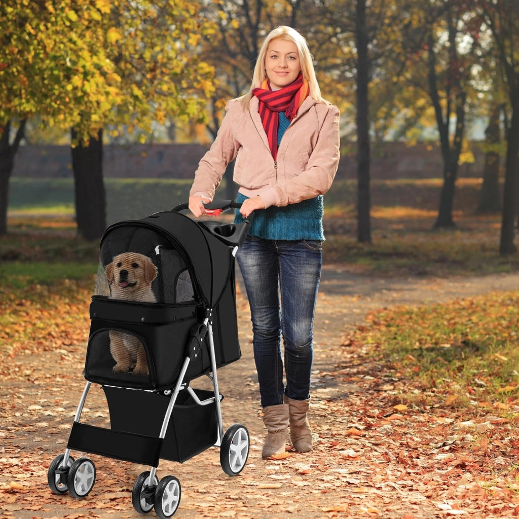 Passeggino per Cani e Gatti Pieghevole Fino 15 kg, Carrello per Animali Domestici, Trasportino Carrozzina Portatile da Viaggio e Passeggio con Tettuccio per Cuccioli, 87 x 46 x 102 cm (Nero)