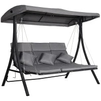 Dondolo da Giardino 3 Posti con Tettuccio Parasole Regolabile e 3 Cuscini, Dondolo da Esterno con Seduta Traspirante in Texteline e Metallo, Portata Fino a 270 kg, 198x118x168 cm, Grigio
