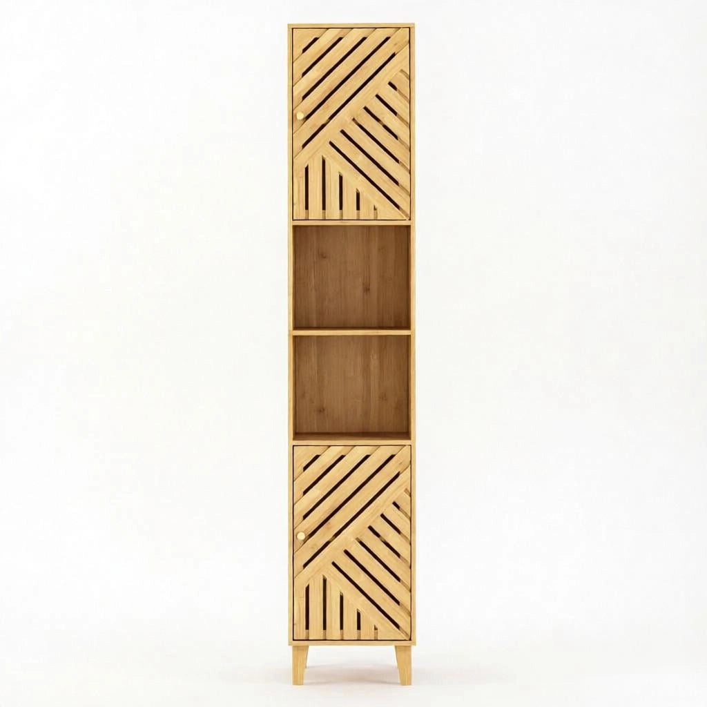 ARMADIO BAGNO ALTO 32x30x170 cm Effetto legno naturale Bamboo e truciolare