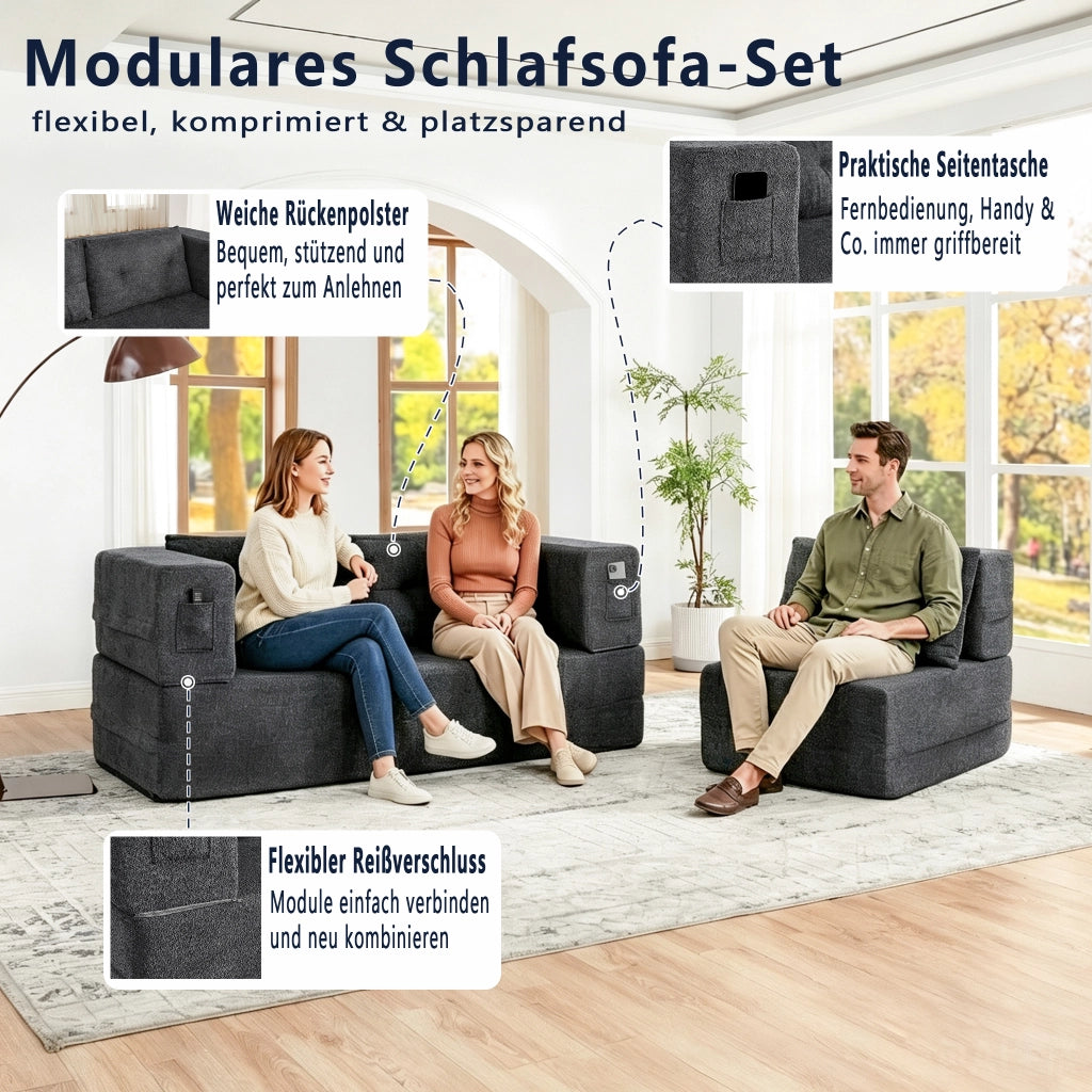 Divano modulare convertibile senza montaggio con tasche laterali in tessuto grigio scuro 199 × 194 × 39 cm
