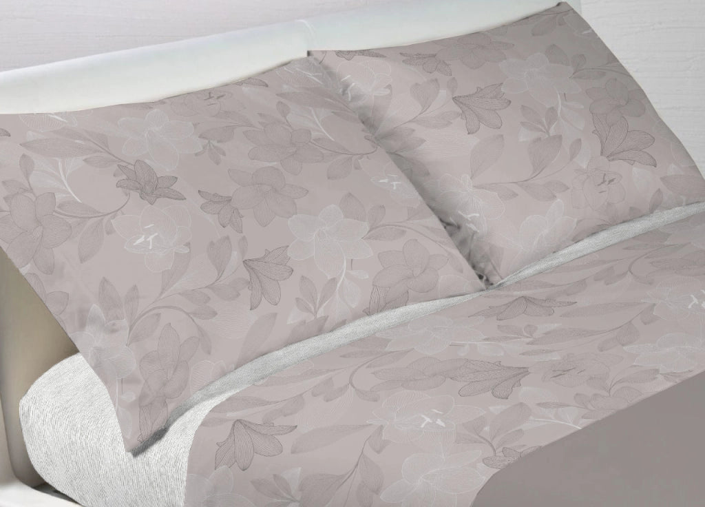 Completo Lenzuola Letto In 100% Cotone Made Italy Disegno Lily - Matrimoniale - Beige