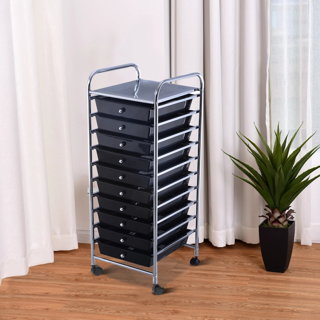 Carrello cassettiera multiuso con 10 cassetti da cucina-Scaffale  Contenitore con ruote a 10 ripiani per bagno Nero