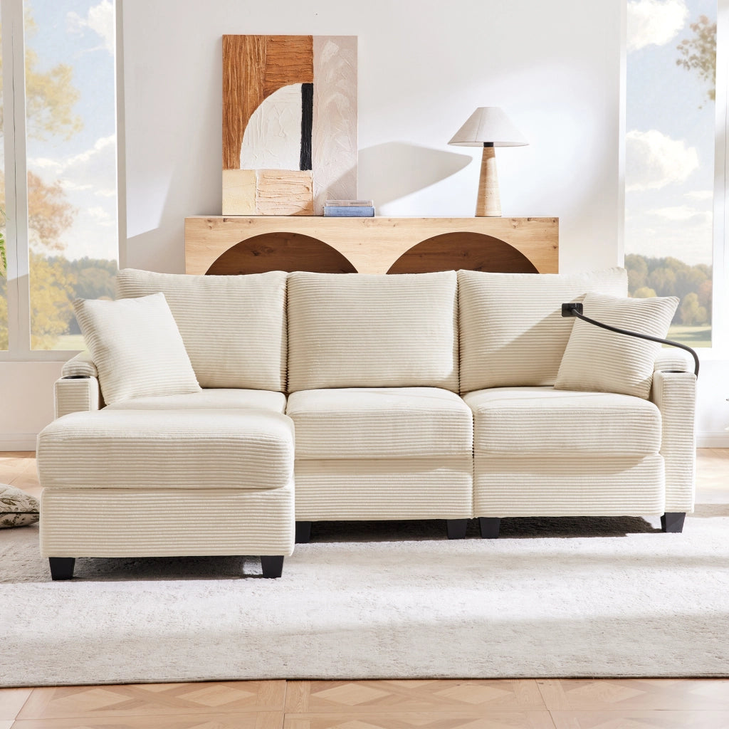 divano angolare reversibile 3 posti con pouf; portaoggetti; usb e tasche; in velluto a coste beige