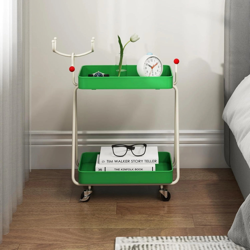 Carrello Portaoggetti con Ruote, Carrello Natalizio a 2 Ripiani con Ganci Superiori e Struttura in Metallo, Scaffale Decorativo di Renne, per Cucina, Soggiorno e Bagno, 55,5 x 28,5 x 66,5 cm