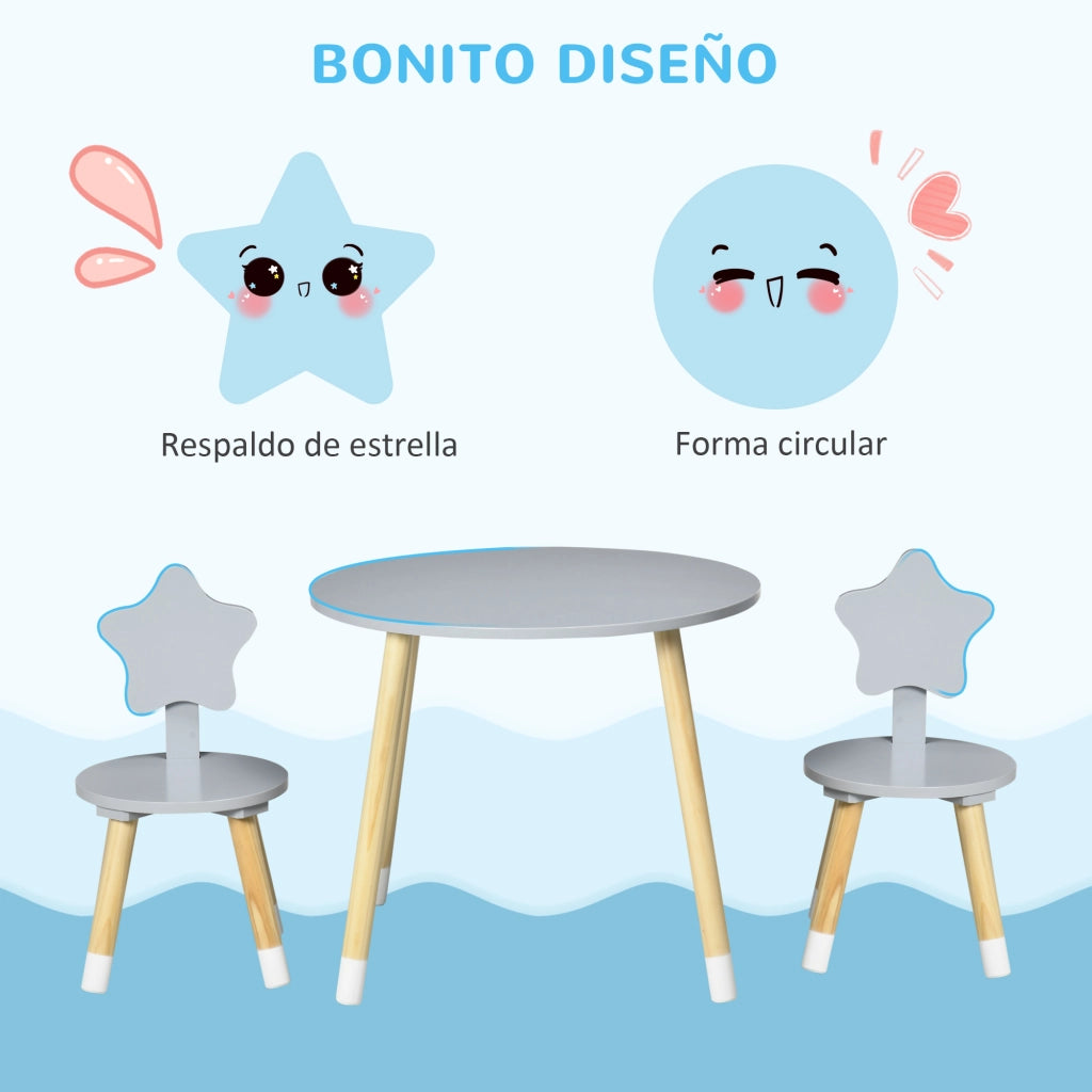 Tavolo da pranzo rotondo per bambini con 2 sedie ¨C zephmum ¨C grigio ?59x50 cm