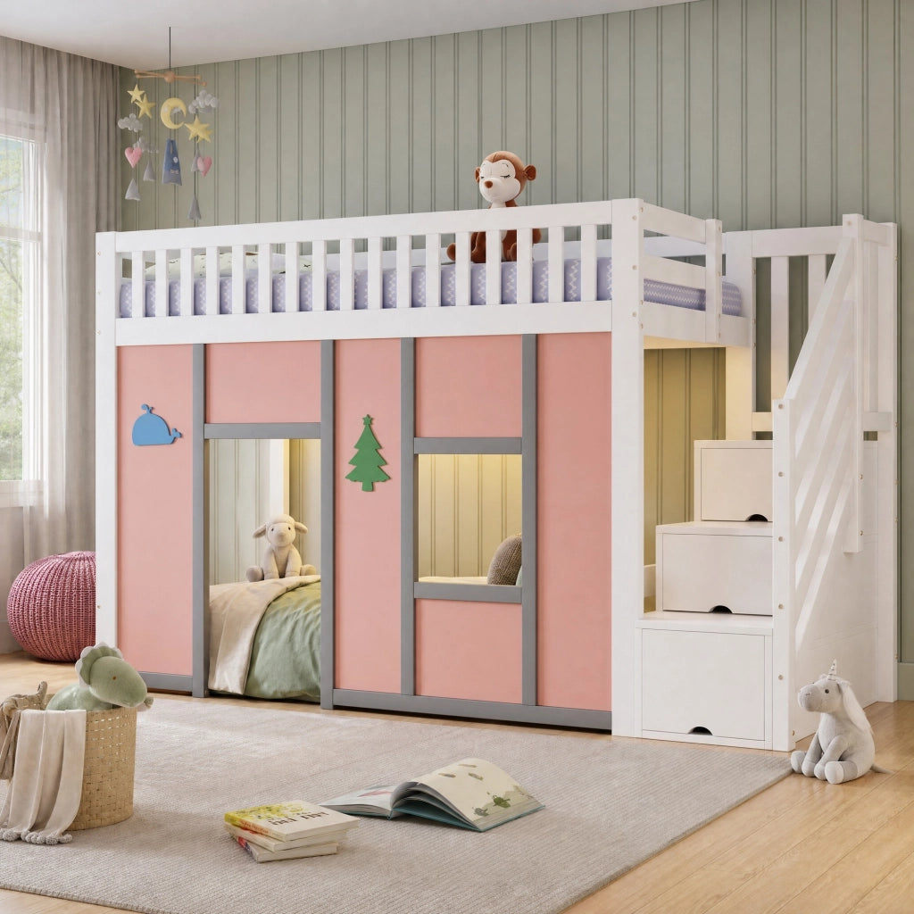 Letto a Soppalco 90x200 cm - Scala Contenitore; LED e Sponda - in Legno Massello e Rosa