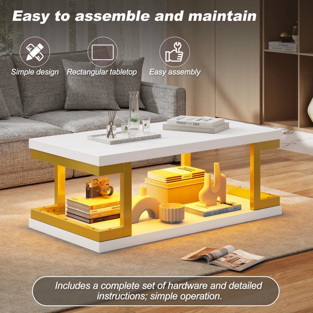 Tavolino basso con LED e 2 ripiani aperti per soggiorno e studio in MDF e metallo bianco e oro 100 × 50 × 37,5 cm