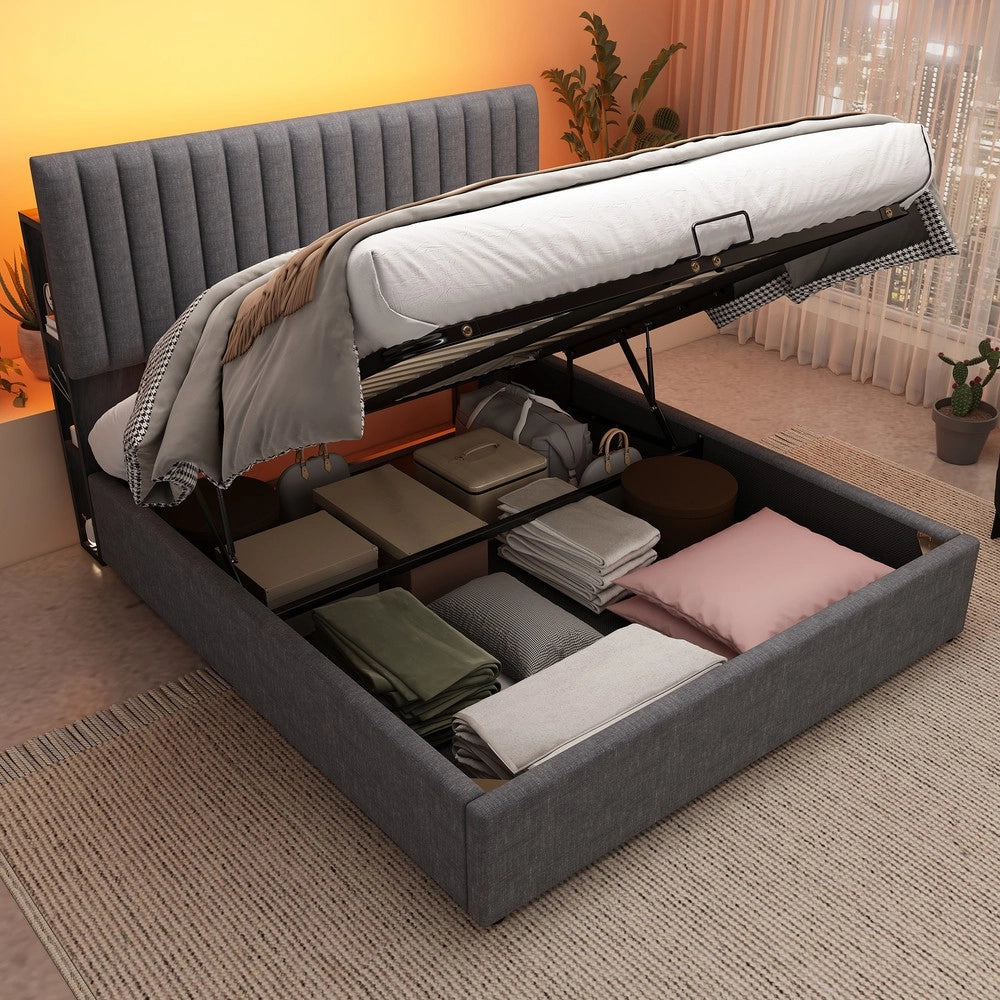 Letto Imbottito Contenitore Matrimoniale LED ¨C MINIMAL ¨C Testiera Regolabile, USB, Doghe Legno, 140x200, Grigio