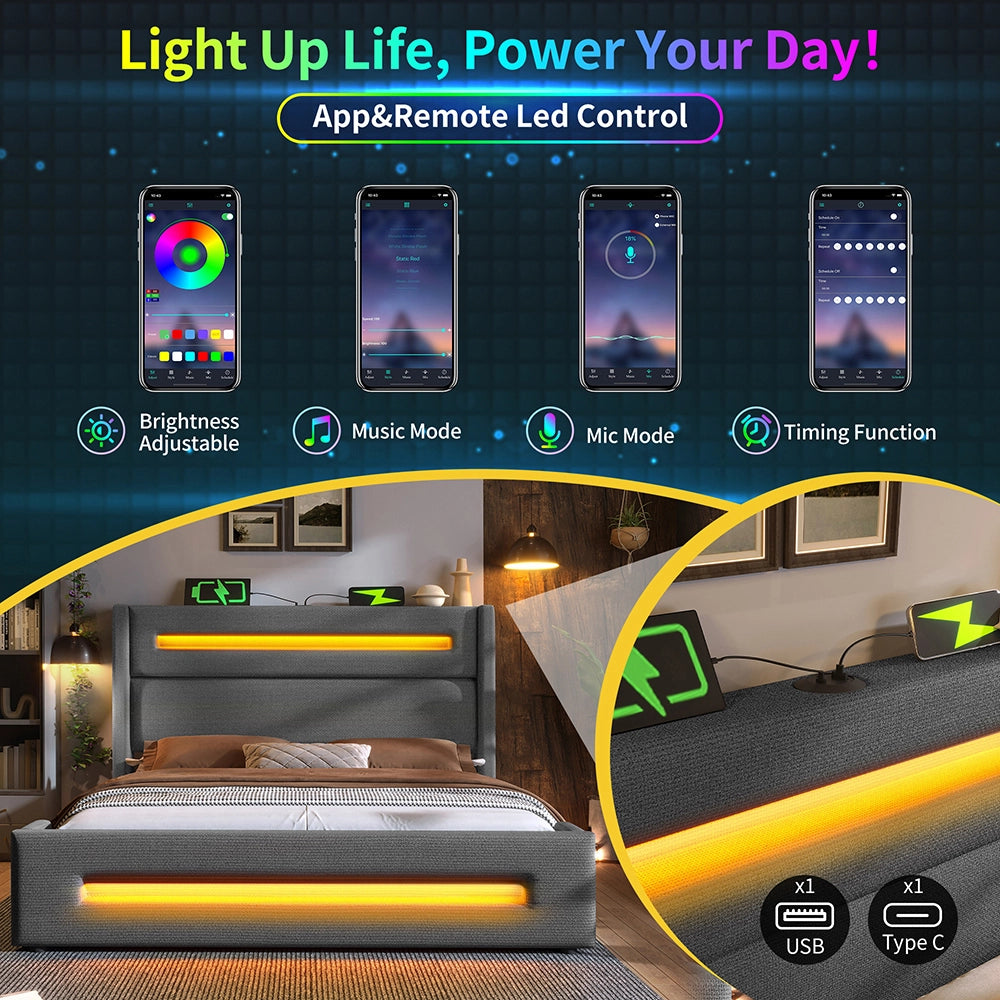 Letto matrimoniale-Xylo-160x200 cm-LED, USB-C, idraulico, con materasso, lino, grigio