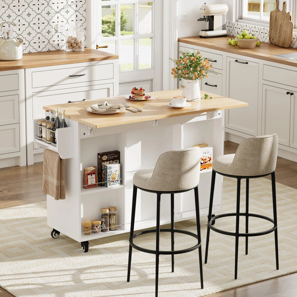 Isola da Cucina con Piano Pieghevole e Cassetto ¨C MINIMAL ¨C Bianco/Rovere, 92,9x120x43,5cm