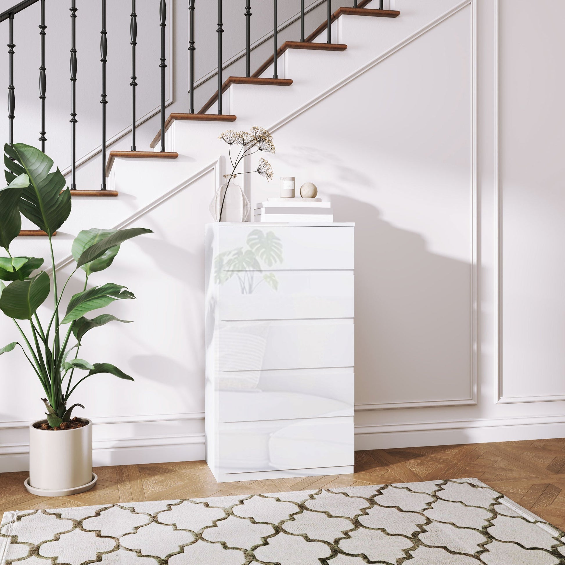 Cassettiera 5 Cassetti Antiribaltamento 55x33x100 cm Bianco Lucido