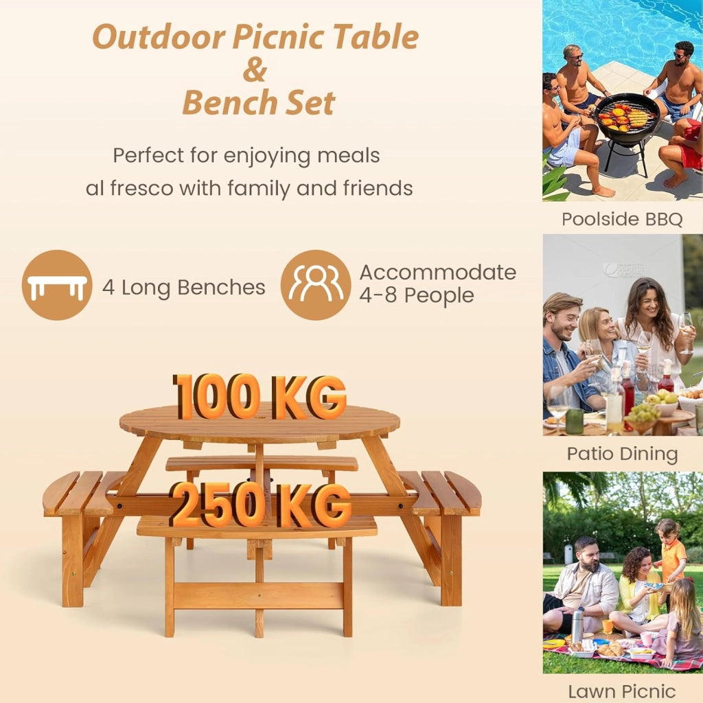 Tavolo da Picnic per 8 Persone con Foro per Ombrellone, Tavolo con Panche in Legno di Abete, Set da Giardino Esterno per Bar, Agriturismo, Sagra, Patio, Balcone, φ179 x 70 cm (Giallo)