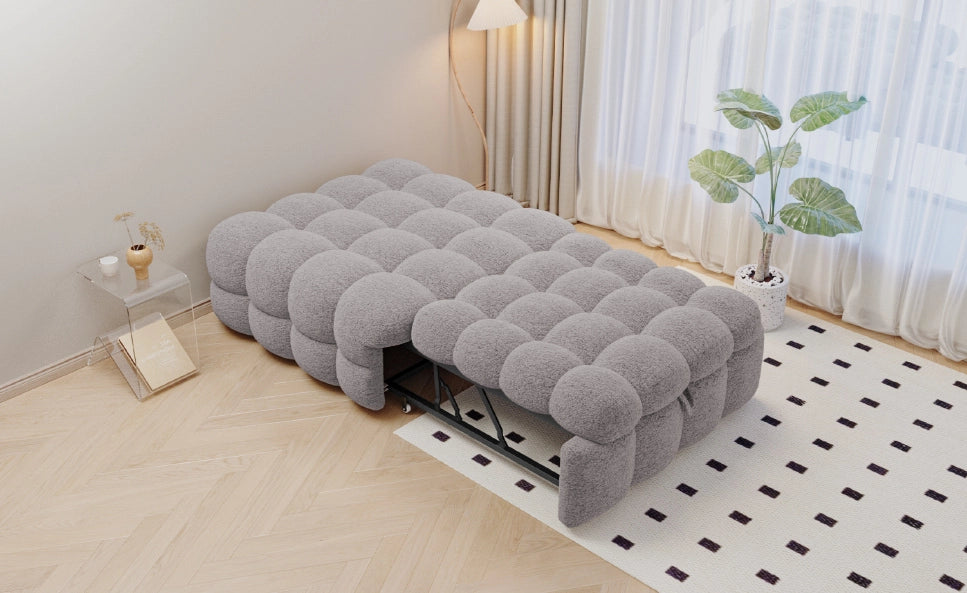 Divano Letto Singolo 2-in-1 con Pouf Estraibile in Bouclé Grigio