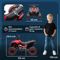 Quad Elettrico per Bambini 12V, 2 Velocità, Ruote Larghe con Clacson e Fari LED, Età 3-5 Anni, Rosso